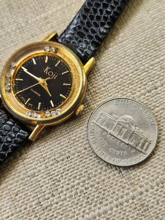 Vintage Koji Women Wristwatch Gold Tone Case Black Genuine Leather Strap Watch main image 2